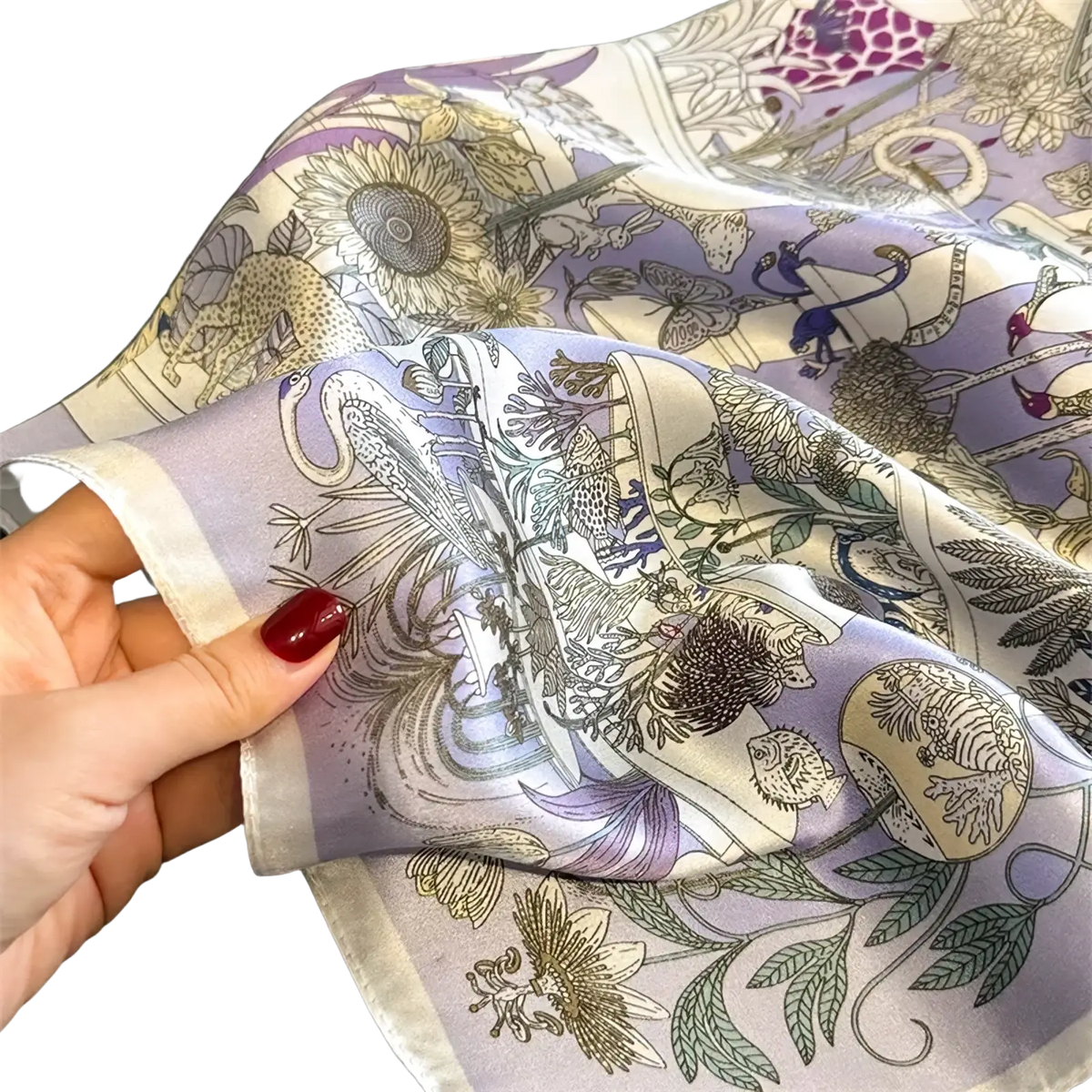 A delicate lavender botanical silk square scarf featuring intricate botanical and animal illustrations in muted earth tones