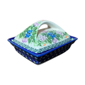Hand-painted lavender box floral ceramic butter dish with blue purple flowers green leaves and cobalt blue border