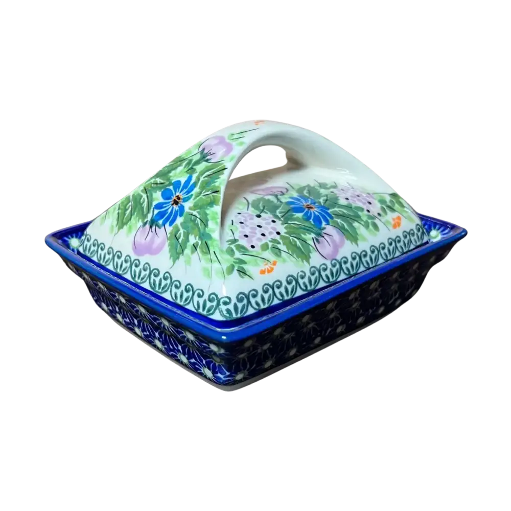 Hand-painted lavender box floral ceramic butter dish with blue purple flowers green leaves and cobalt blue border