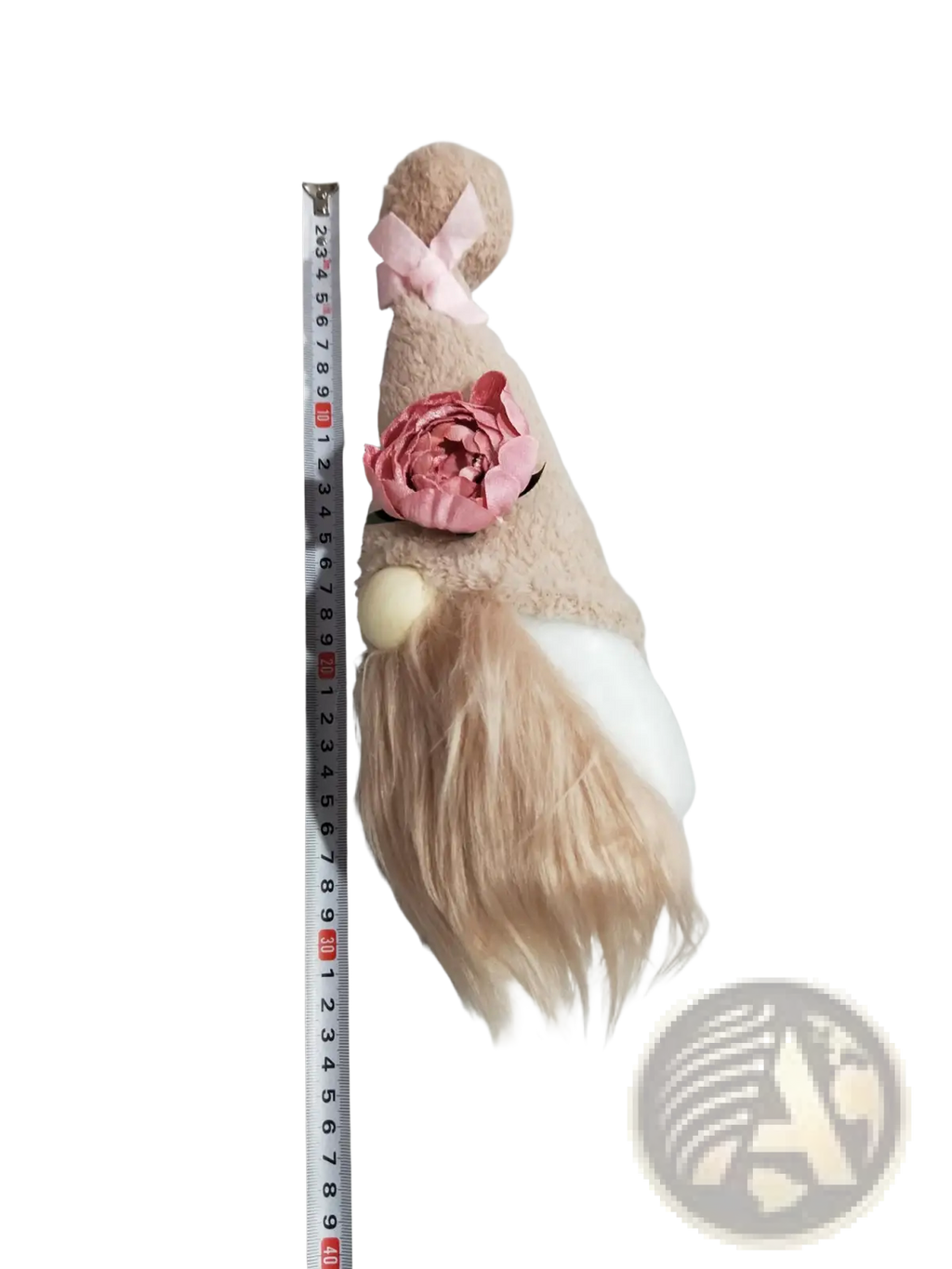 A soft beige plush lavender and pink gnome doll ornament with long blonde faux fur beard and pink fabric rose