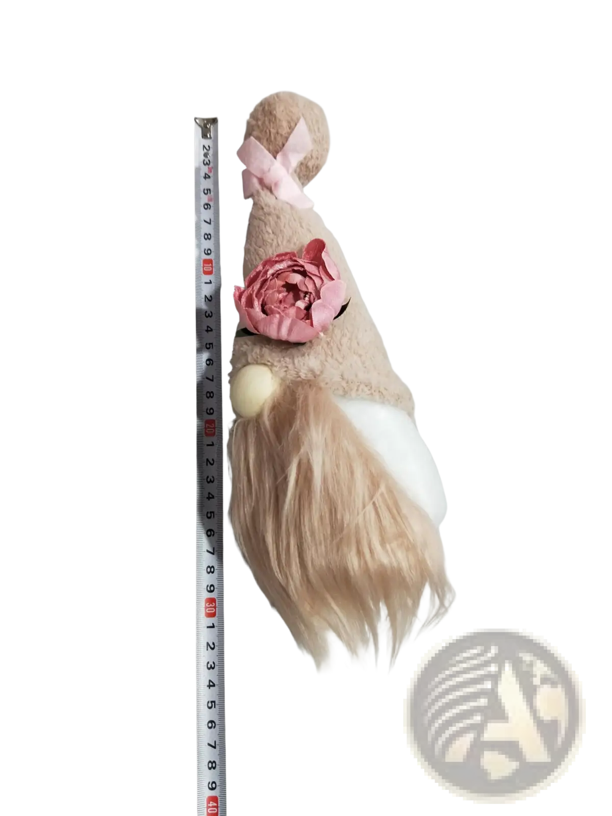 A soft beige plush lavender and pink gnome doll ornament with long blonde faux fur beard and pink fabric rose