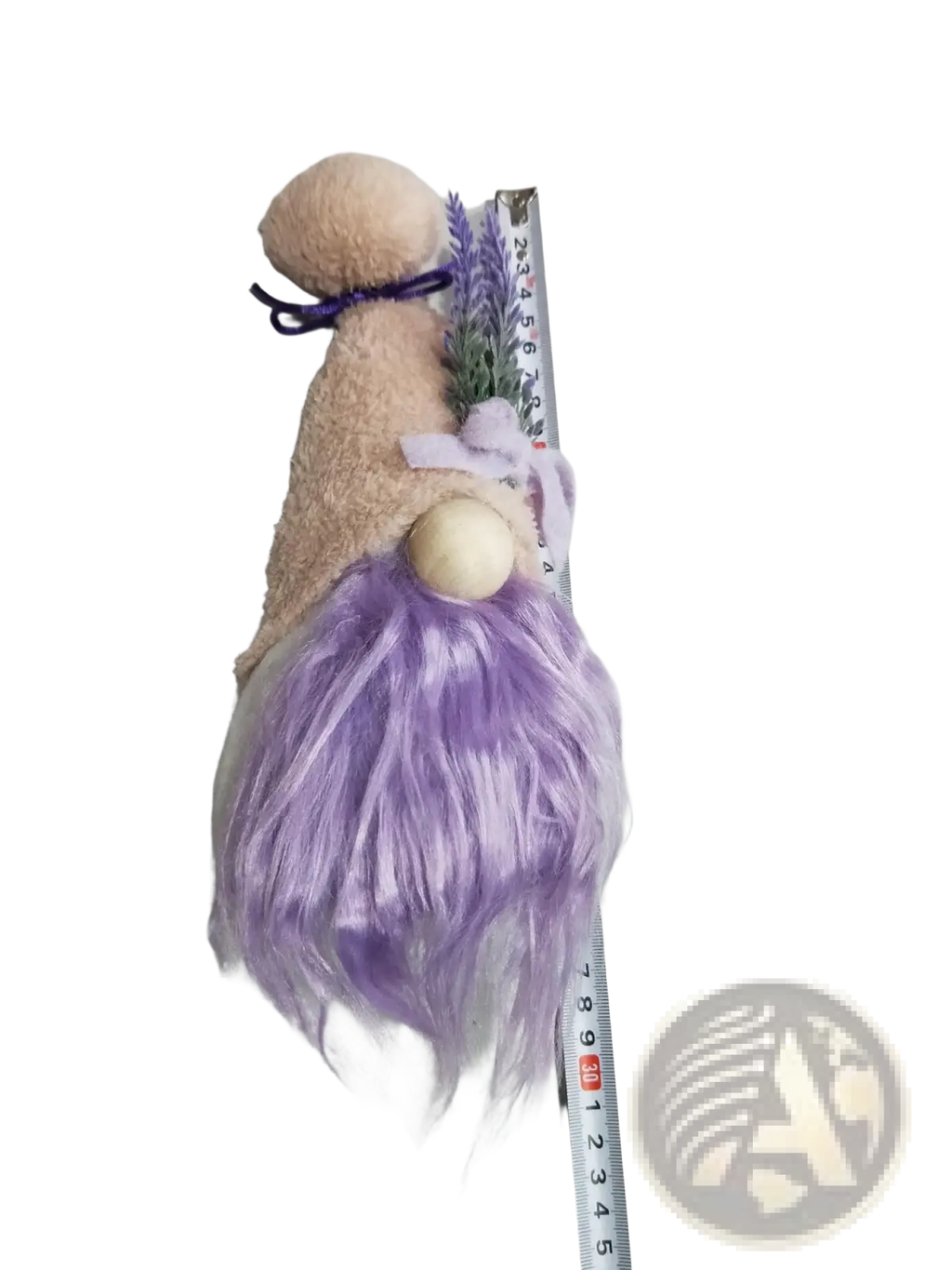 Lavender and pink plush gnome doll desktop ornament with lavender hair, beige fuzzy body, wooden nose, and purple ribbon tie