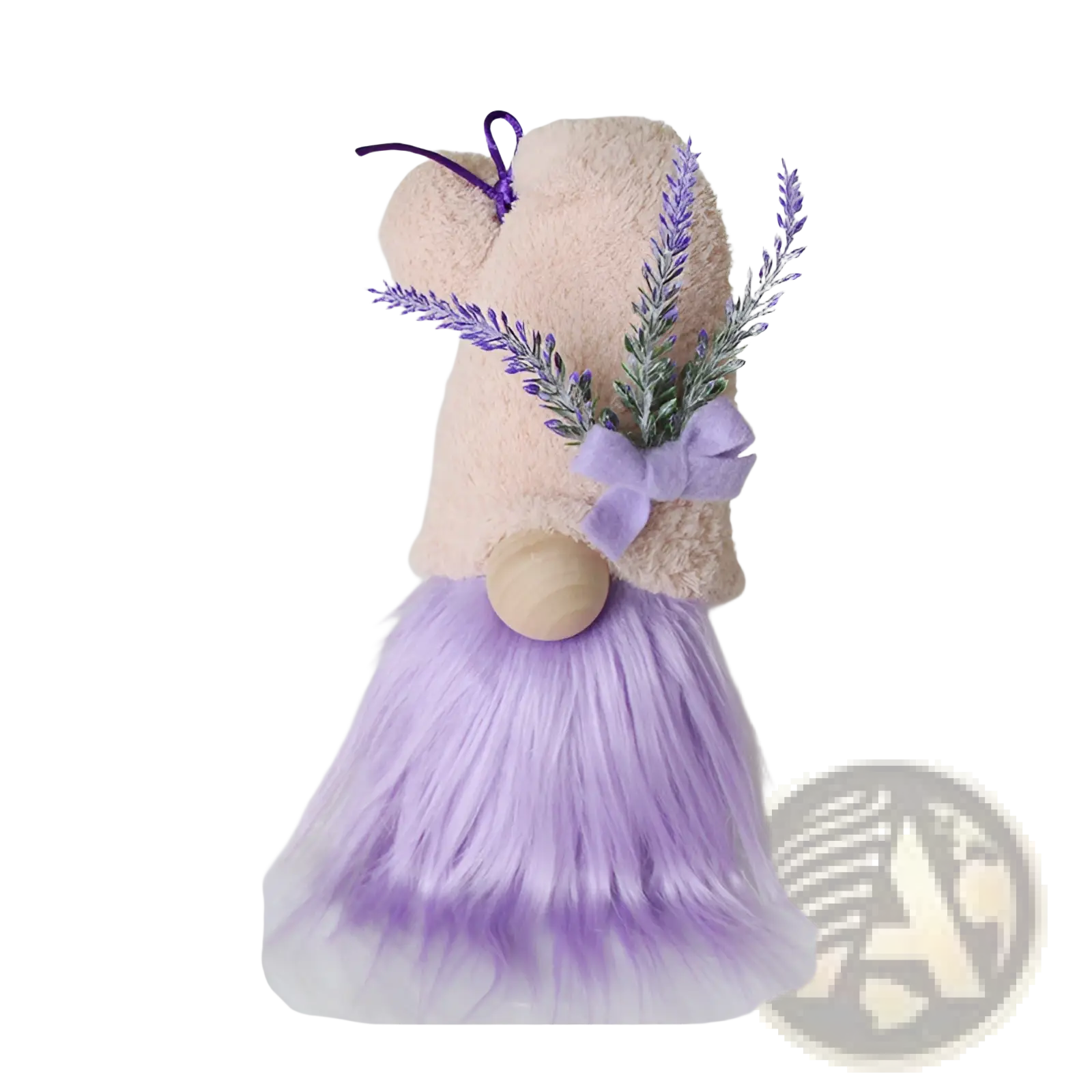 Lavender and pink plush gnome doll desktop ornament with wooden nose and artificial lavender sprigs in purple bow
