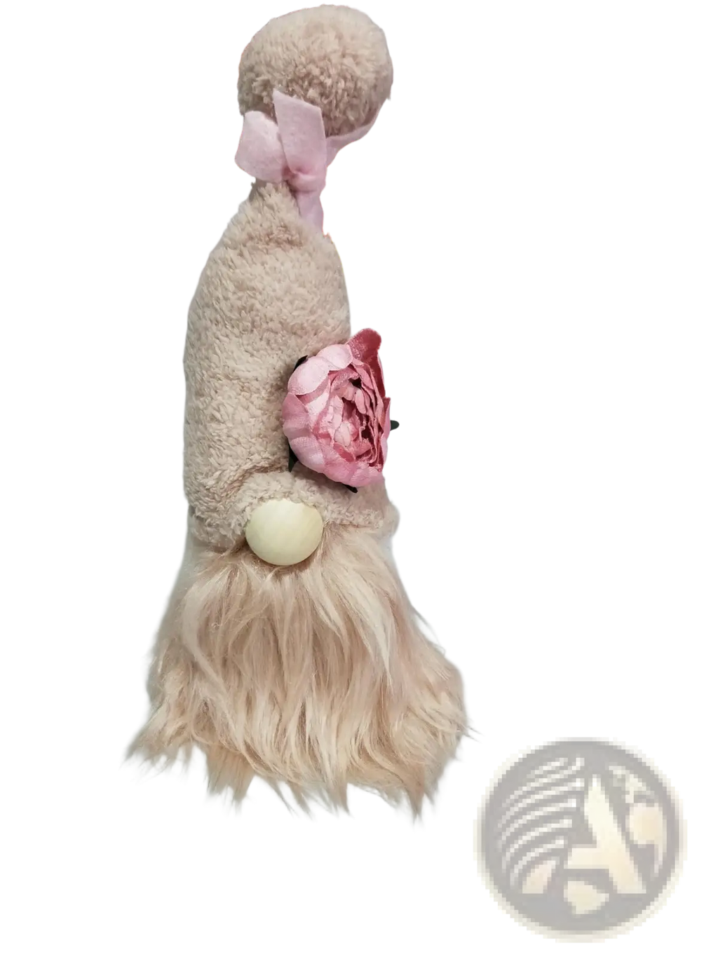 A plush beige lavender and pink gnome doll with a fluffy beard and pink bow as a desktop ornament