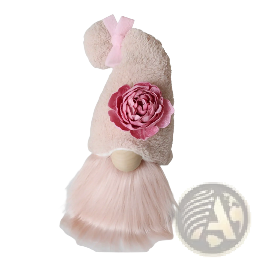 A lavender and pink plush gnome doll ornament with a soft fuzzy hat, matching bow, layered rose, and fluffy faux fur beard