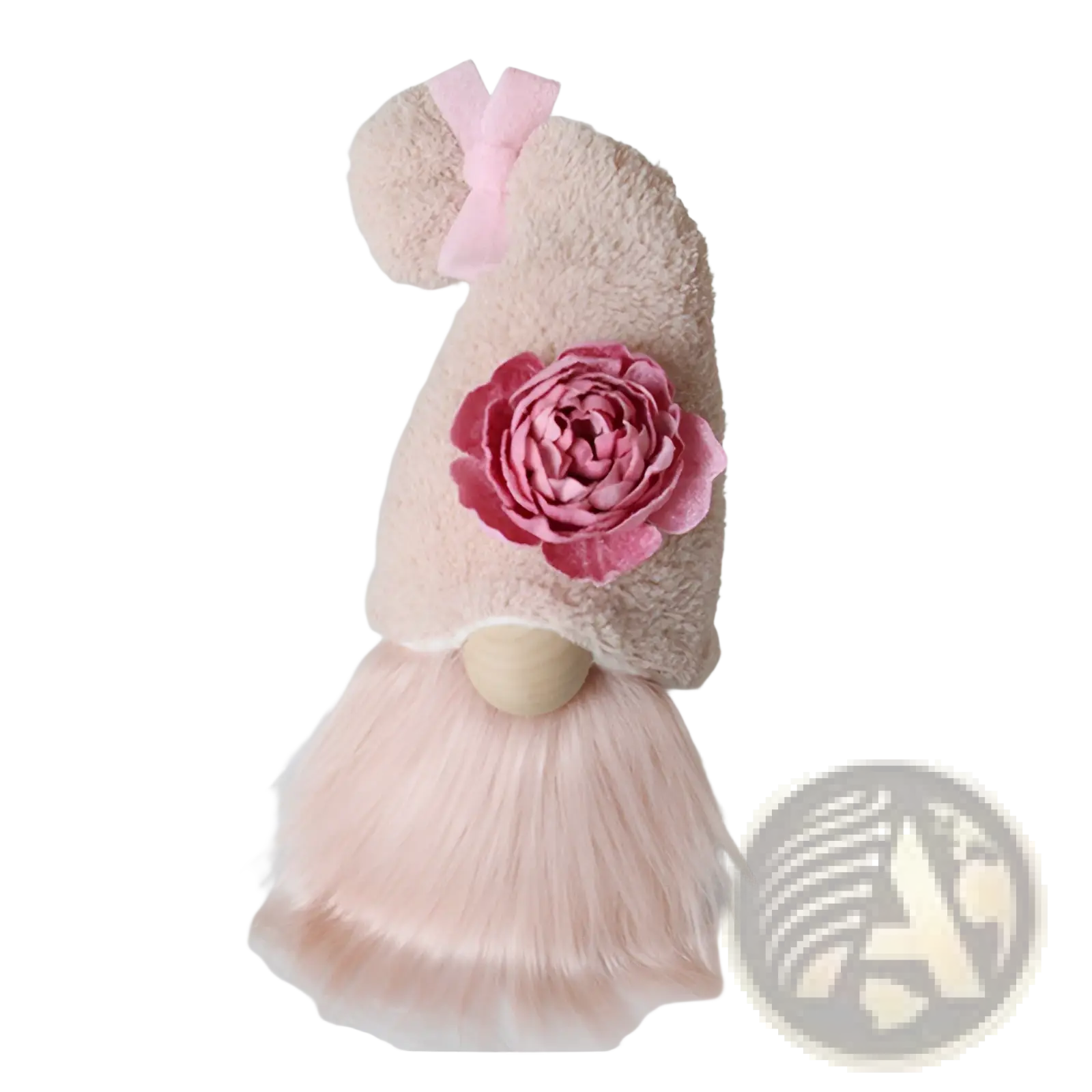 A lavender and pink plush gnome doll ornament with a soft fuzzy hat, matching bow, layered rose, and fluffy faux fur beard