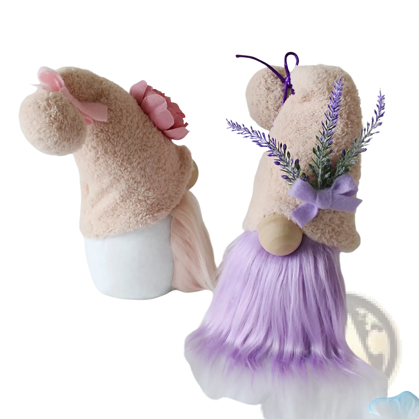 Lavender and pink plush gnome doll desktop ornament featuring pink flower and lavender sprig decorations