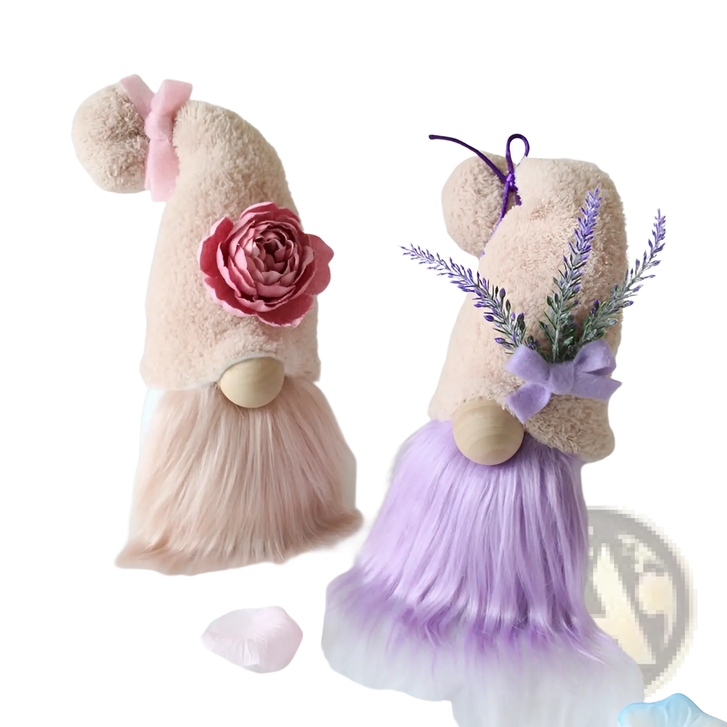 Two plush gnome doll desktop ornaments with a pink rose and lavender sprigs tied with a purple bow