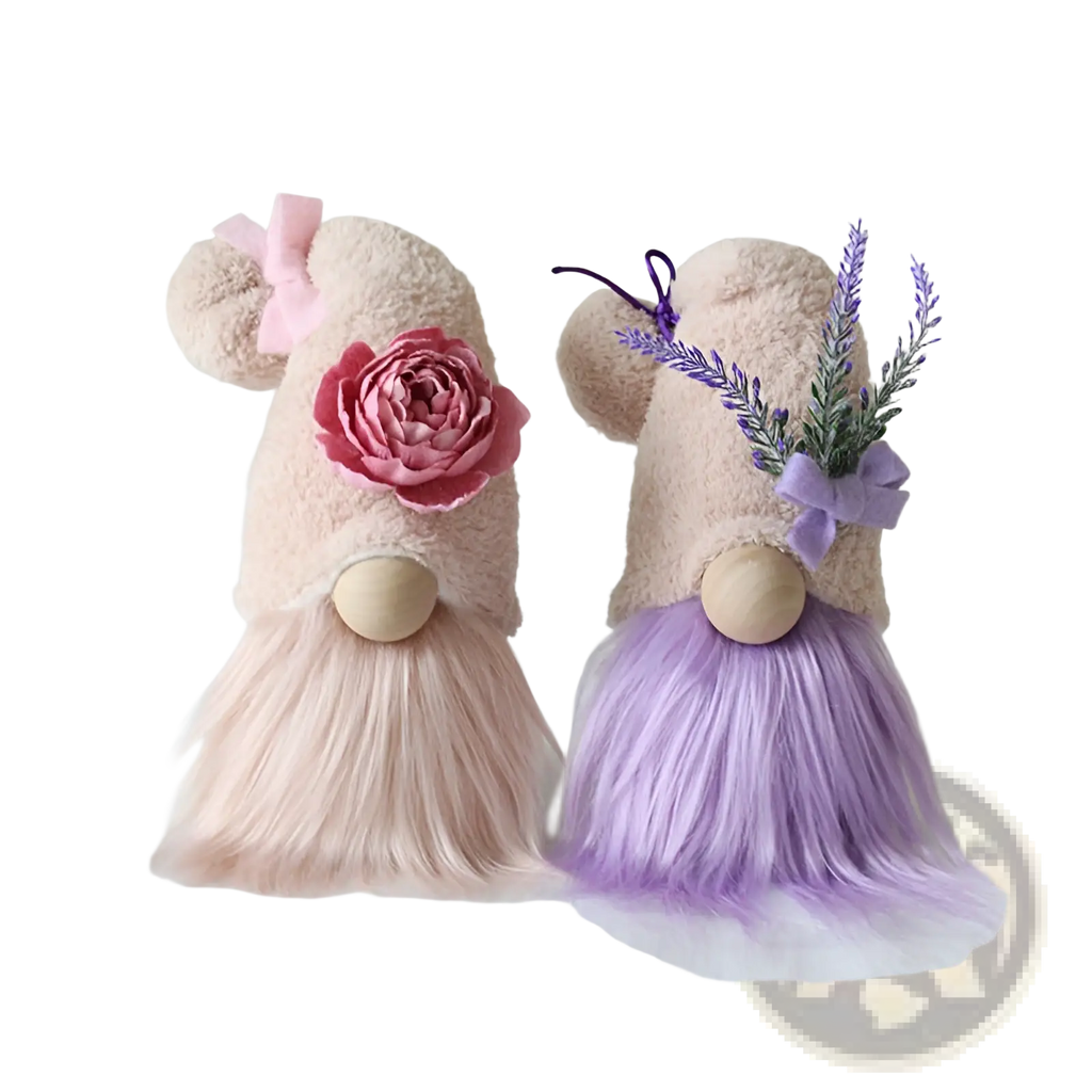 Lavender and pink plush gnome dolls with beige fuzzy bodies, wooden noses, faux fur beards, decorated with rose and lavender