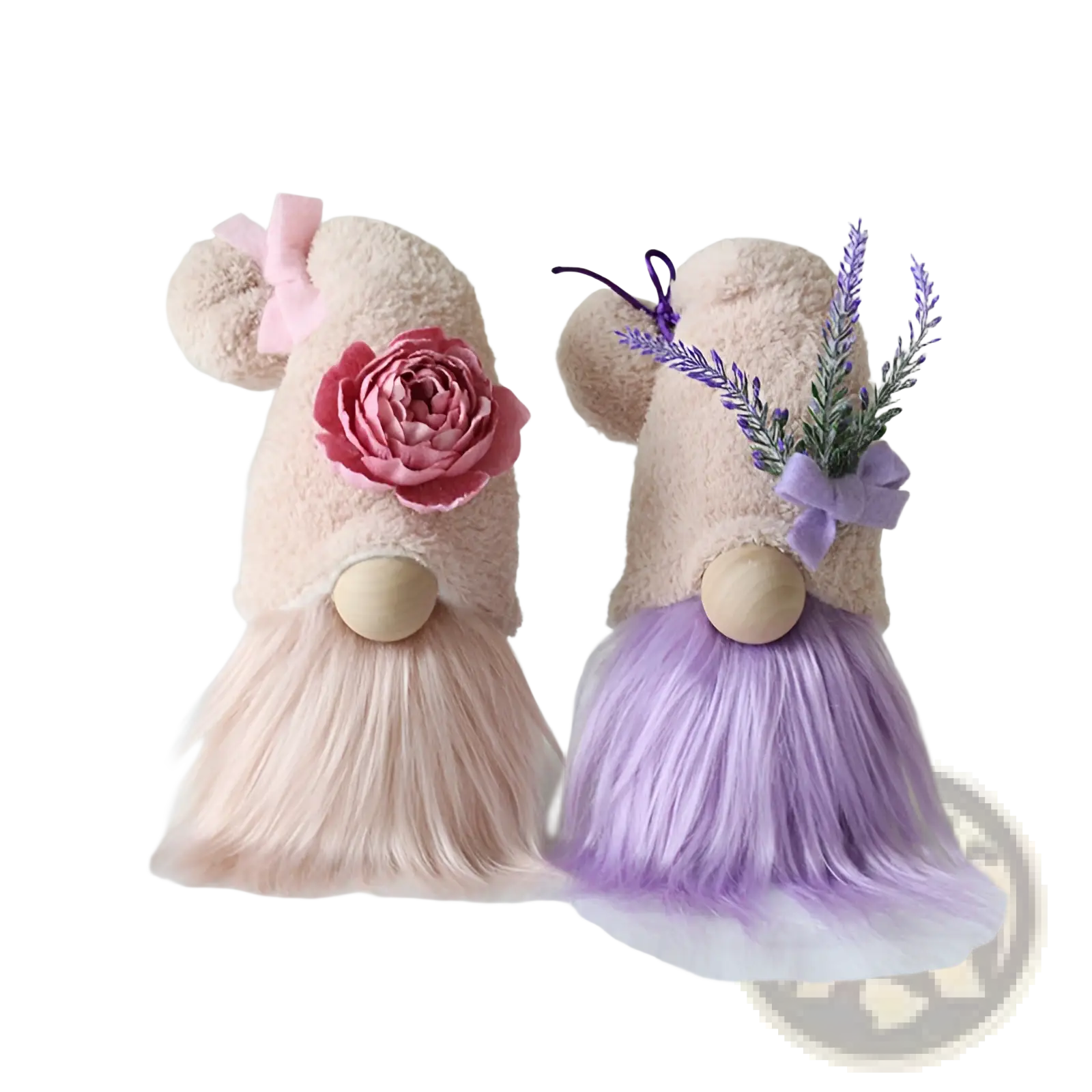 Lavender and pink plush gnome dolls with beige fuzzy bodies, wooden noses, faux fur beards, decorated with rose and lavender