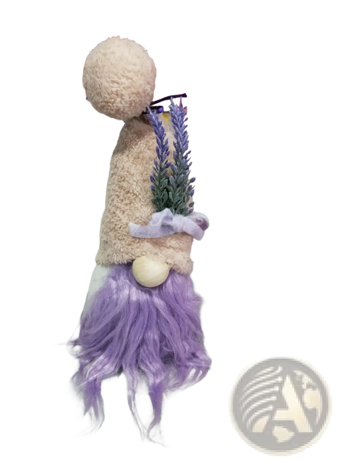 A plush lavender and pink gnome doll ornament with a beige fuzzy body holding purple artificial lavender sprigs