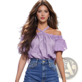 Lavender off-the-shoulder blouse with ruffled sleeves and cross-neckline made from soft lightweight fabric