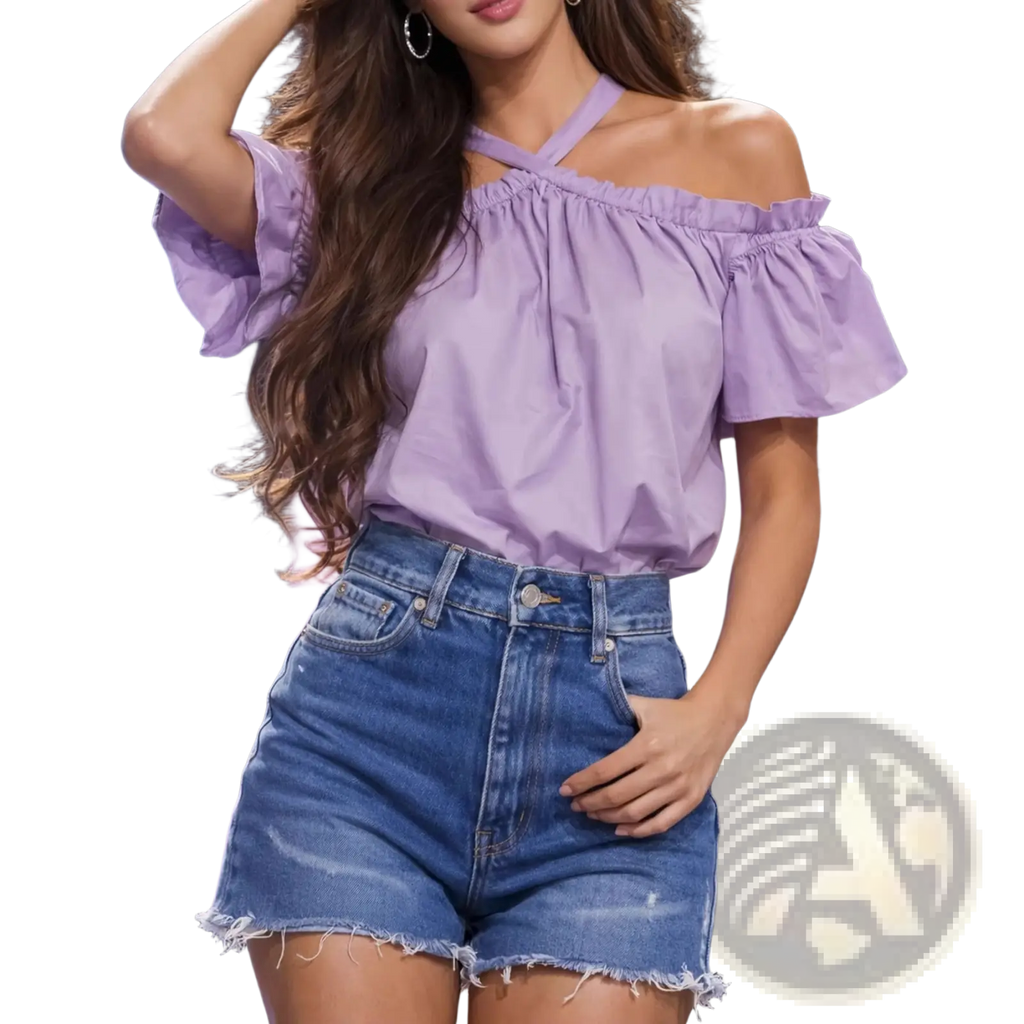 Lavender off-the-shoulder ruffle blouse with cross-back neckline and ruffled sleeves shown from the back side