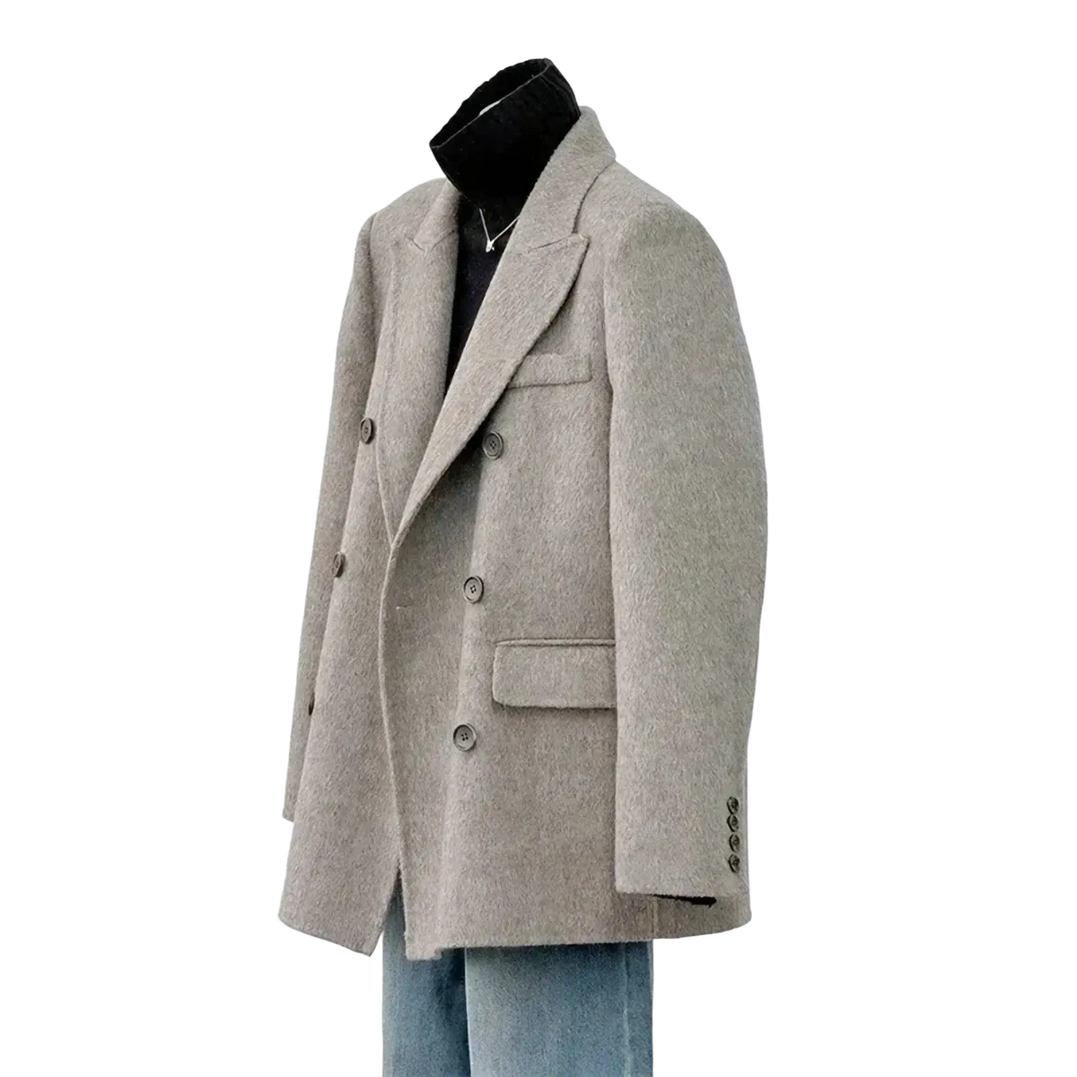 Beige wool double-breasted blazer with dark buttons and flap pockets featured in a lavender wool double-breasted coat collection