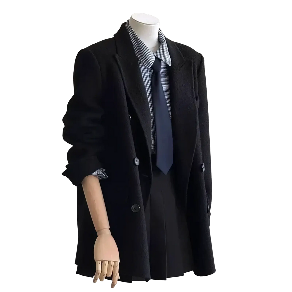Black wool double breasted blazer with rolled up sleeves worn over checkered shirt and tie in lavender wool coat styling