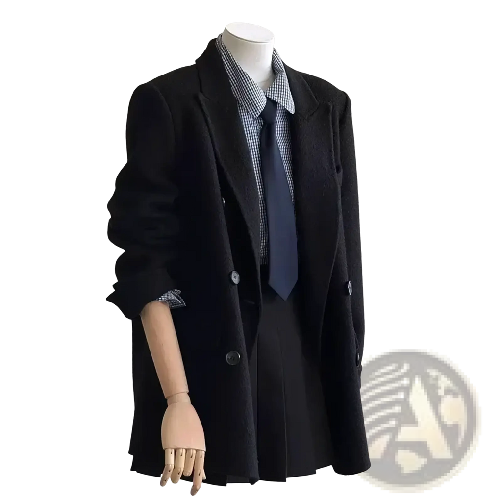 Black wool double breasted blazer with rolled up sleeves worn over checkered shirt and tie in lavender wool coat styling