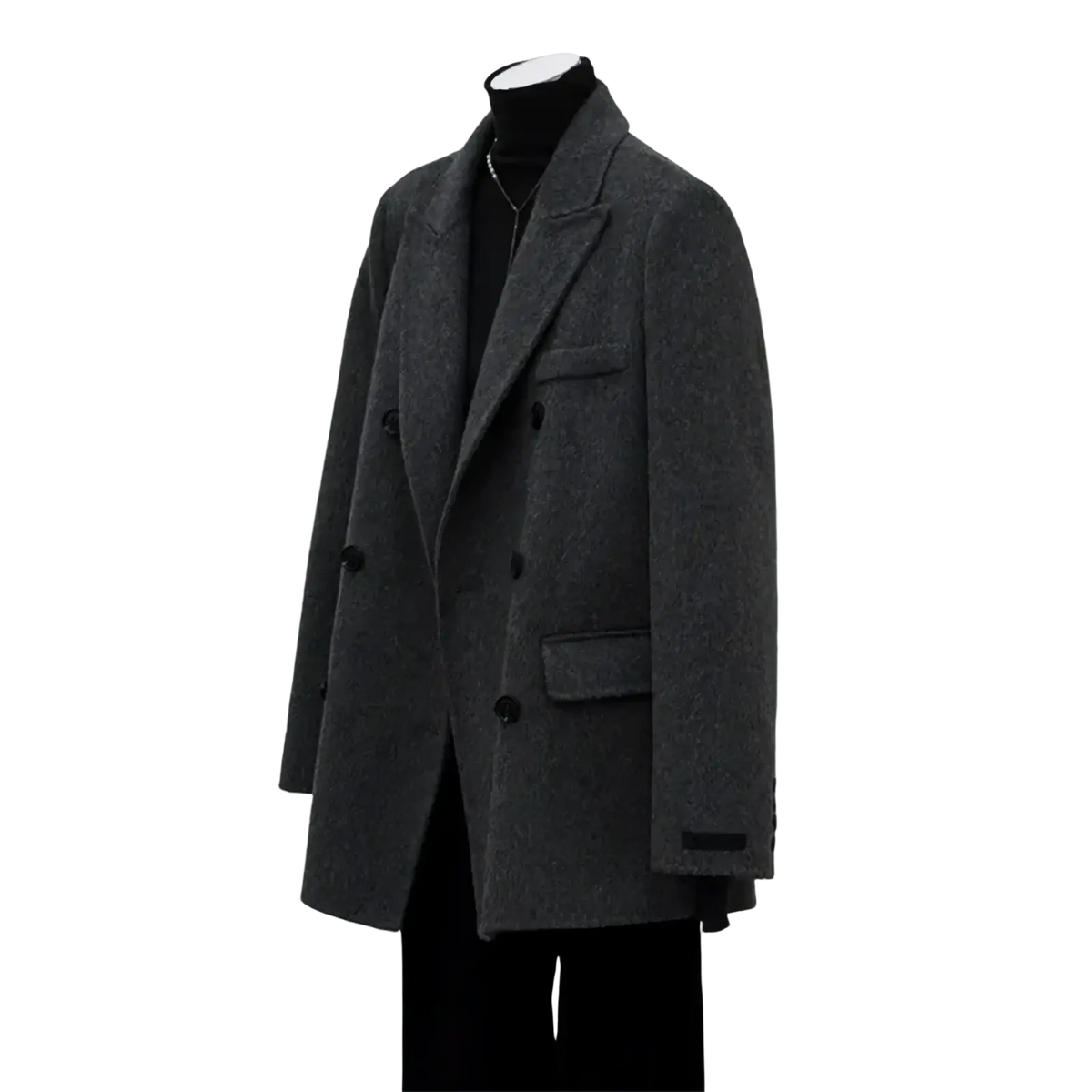 Dark gray woolen double-breasted coat with black buttons and notched lapel in lavender wool double breasted coat style