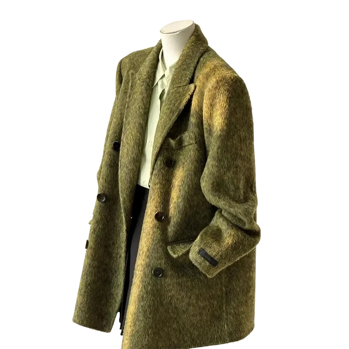 Lavender wool double breasted coat in olive green textured fabric with dark brown buttons for stylish warmth