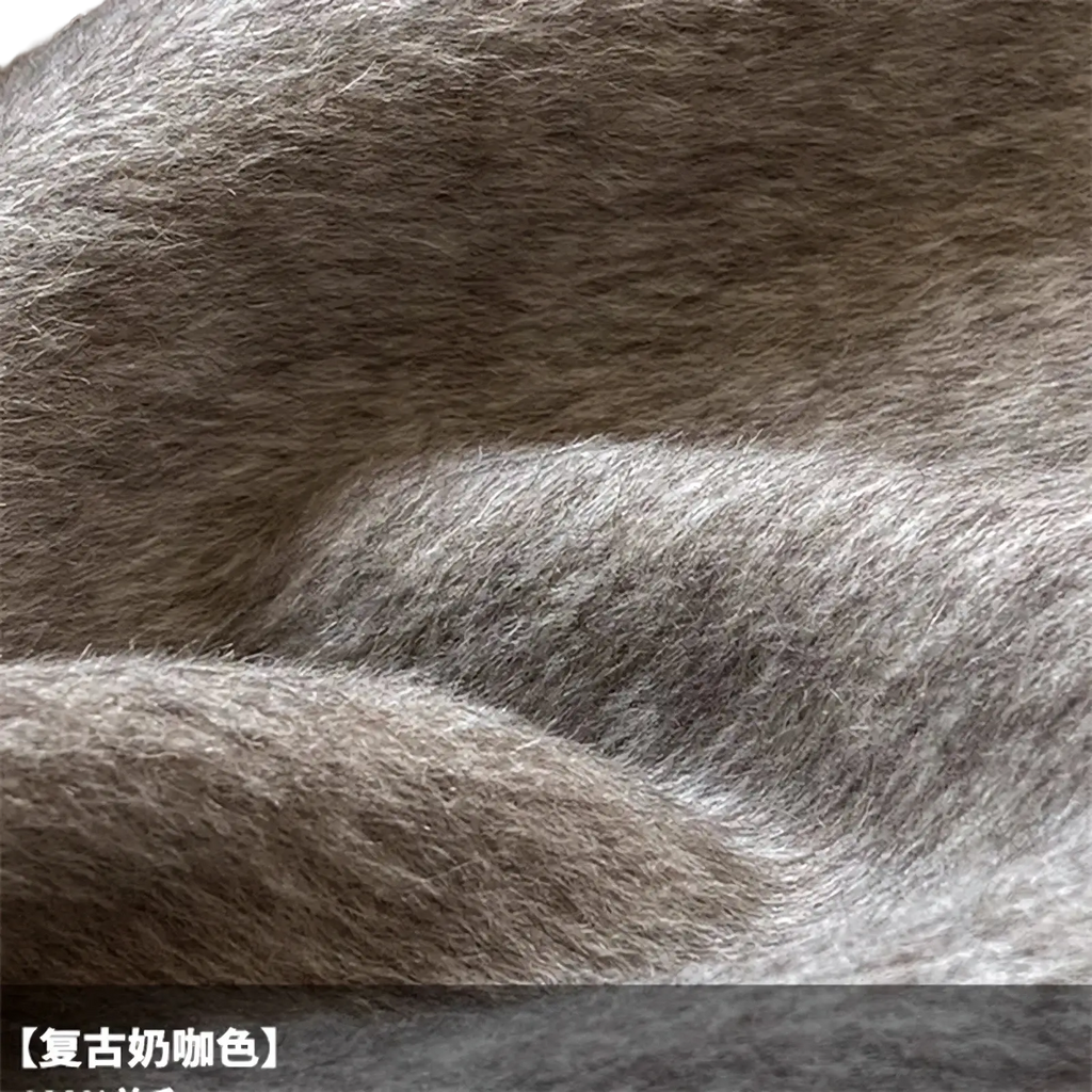 Lavender wool double breasted coat in vintage milk coffee plush fabric with cozy soft textured appearance