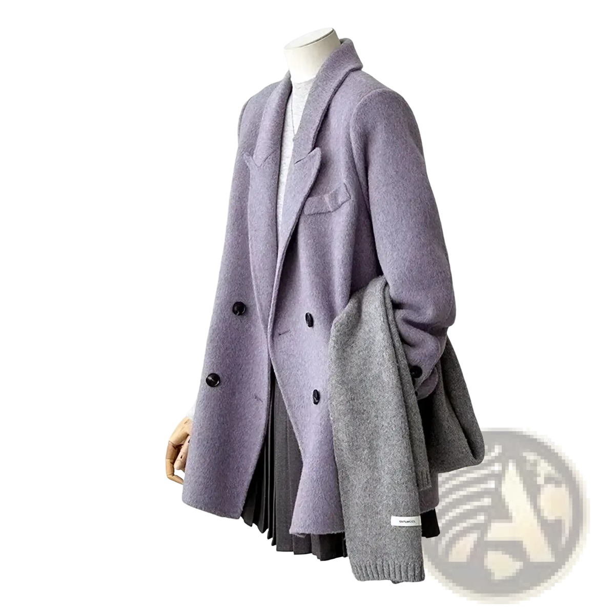 A soft lavender wool double breasted coat with black buttons and a gray knit scarf draped over the arm