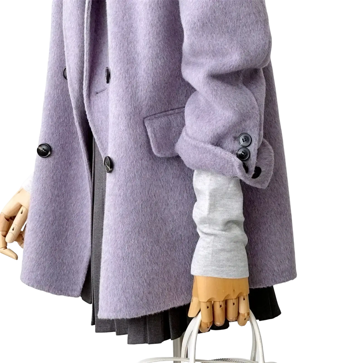 A soft lavender wool double breasted coat with black buttons and classic design perfect for cold weather