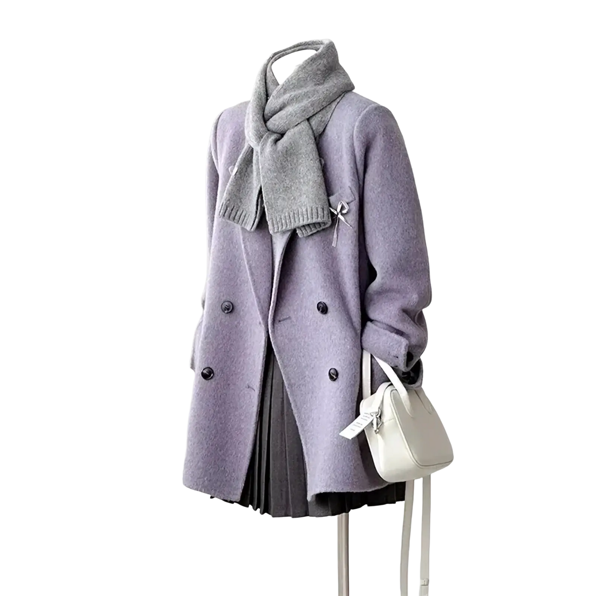 Lavender wool double breasted coat with black buttons and a matching gray knit scarf draped over the shoulders