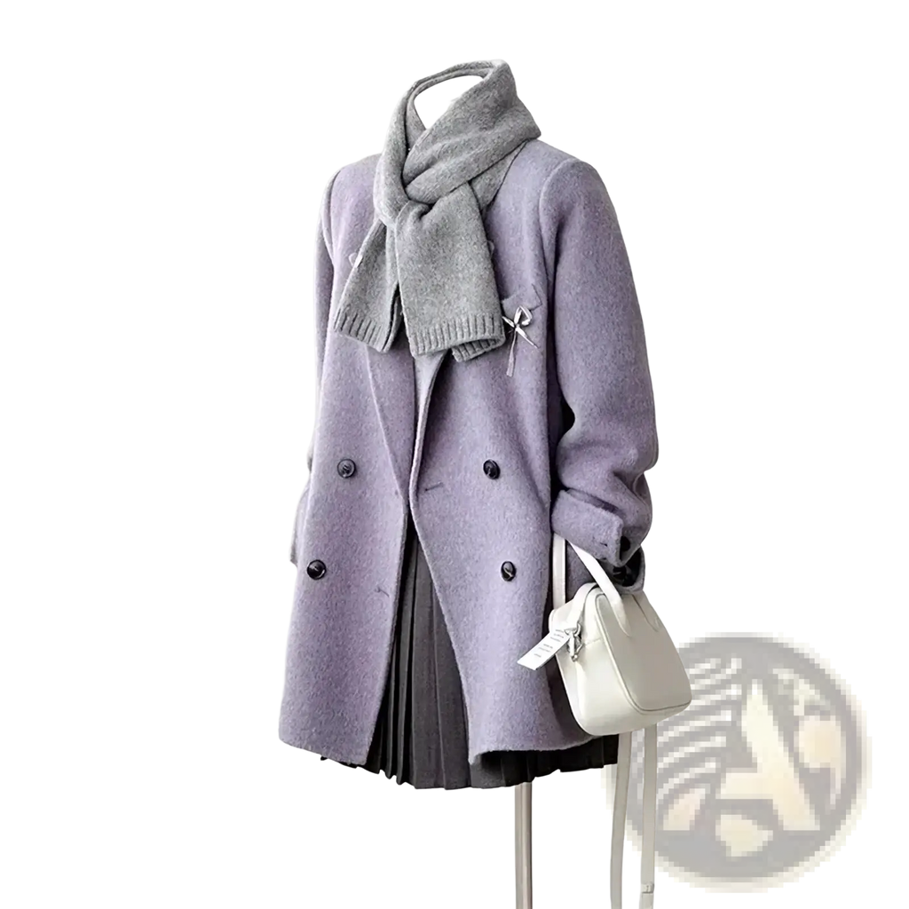 Lavender wool double breasted coat with black buttons and a matching gray knit scarf draped over the shoulders
