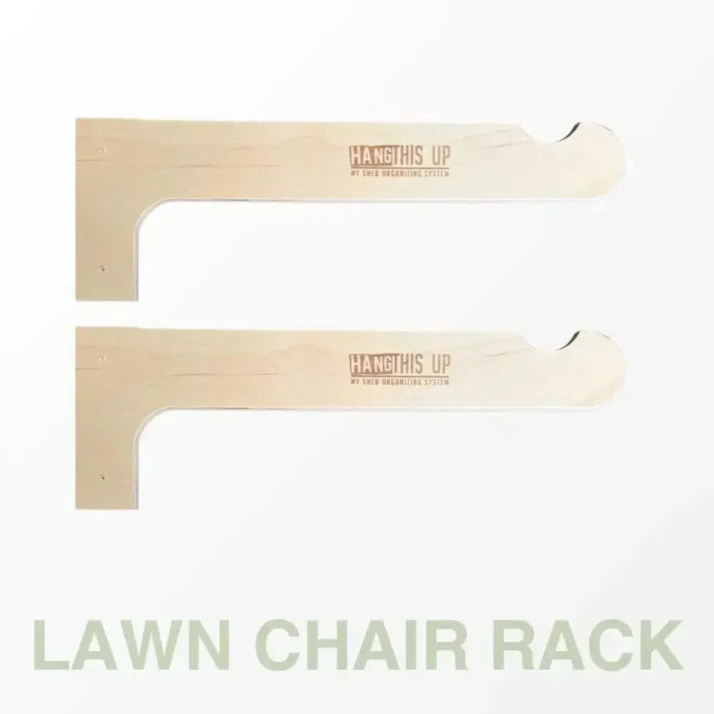 Light-colored wooden lawn chair rack with minimalist design and engraved branding for stud mounted steel hooks storage