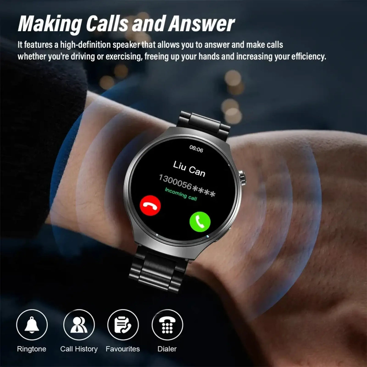 Laxasfit men’s black Bluetooth calling smartwatch with circular screen and metallic link band displaying incoming call