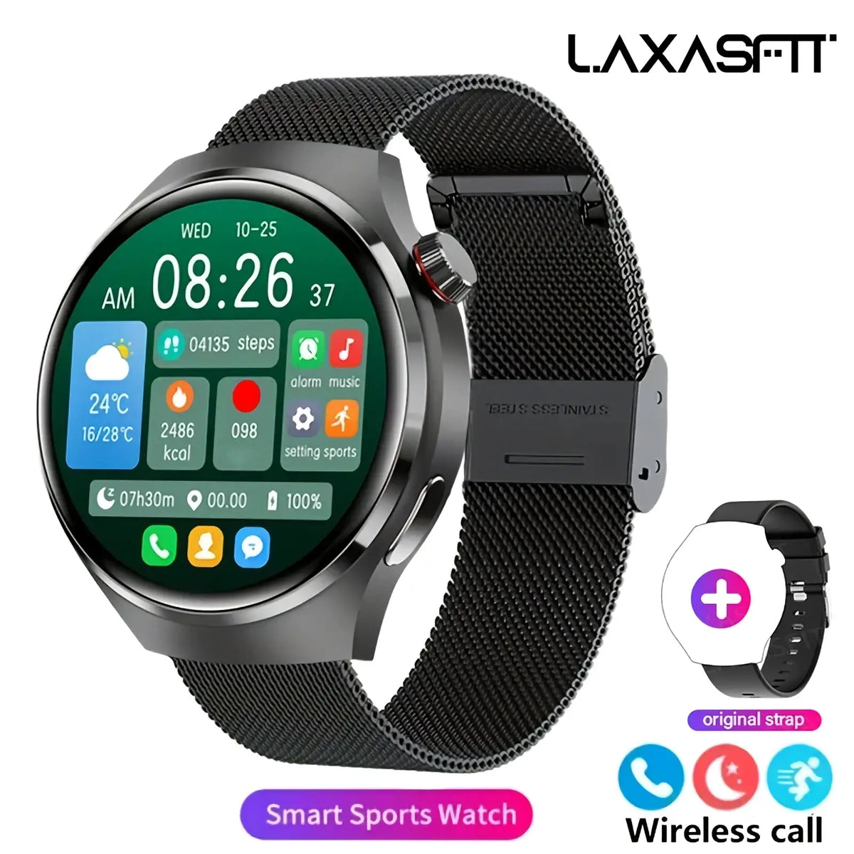 Laxasfit men’s bluetooth calling smartwatch with black mesh metal band and circular touchscreen showing fitness metrics