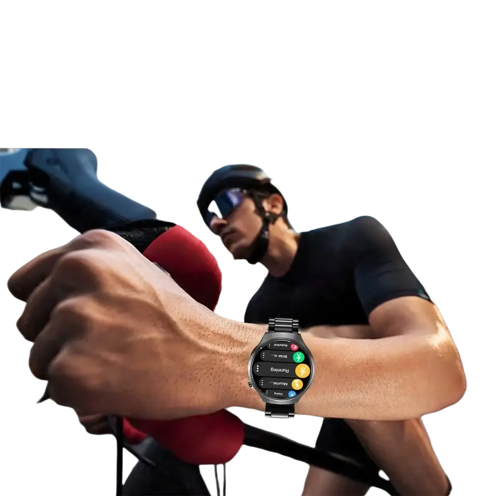 Laxasfit men’s black Bluetooth calling smartwatch with round digital display and metallic link bracelet