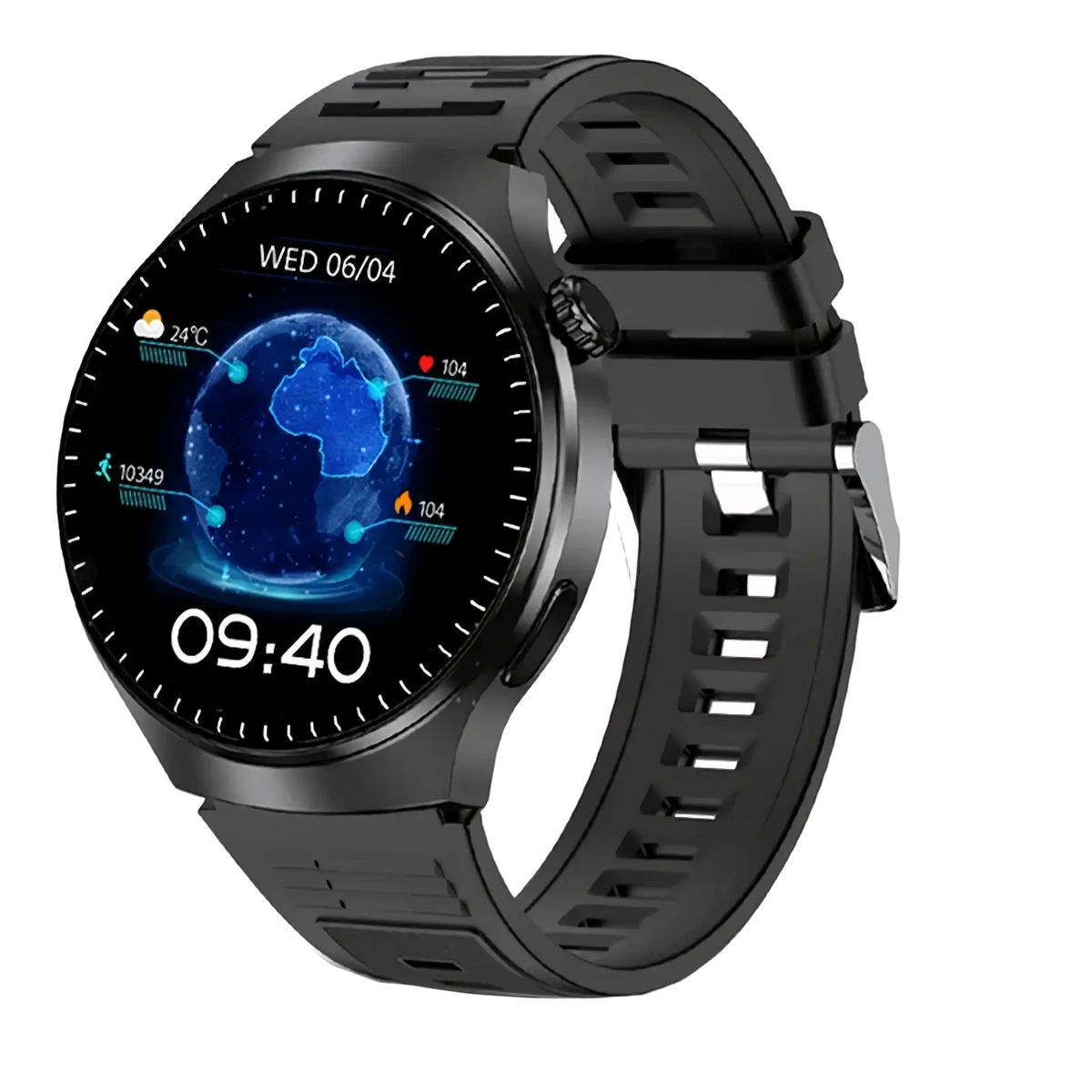 Laxasfit men’s black Bluetooth calling smartwatch with circular touchscreen displaying blue globe interface and sport metrics
