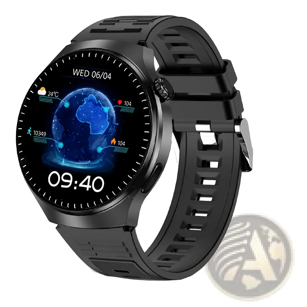 Laxasfit men’s black Bluetooth calling smartwatch with circular touchscreen displaying blue globe interface and sport metrics