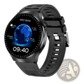 Laxasfit men’s black Bluetooth calling smartwatch with circular touchscreen displaying blue globe interface and sport metrics