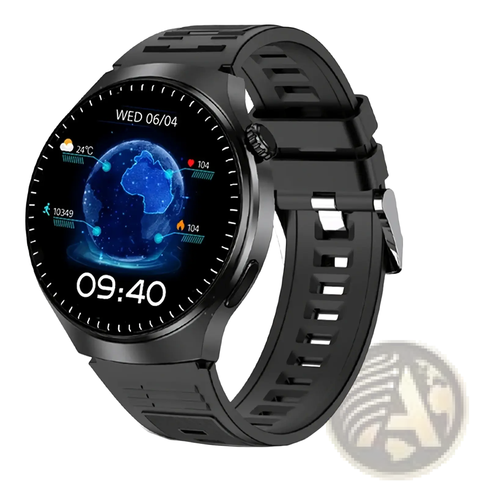 Laxasfit men’s black Bluetooth calling smartwatch with circular touchscreen displaying blue globe interface and sport metrics