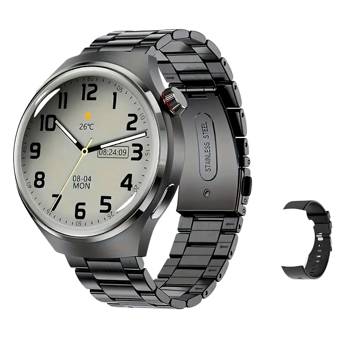 Laxasfit men’s Bluetooth calling smartwatch with black stainless steel case silver-toned dial and black strap