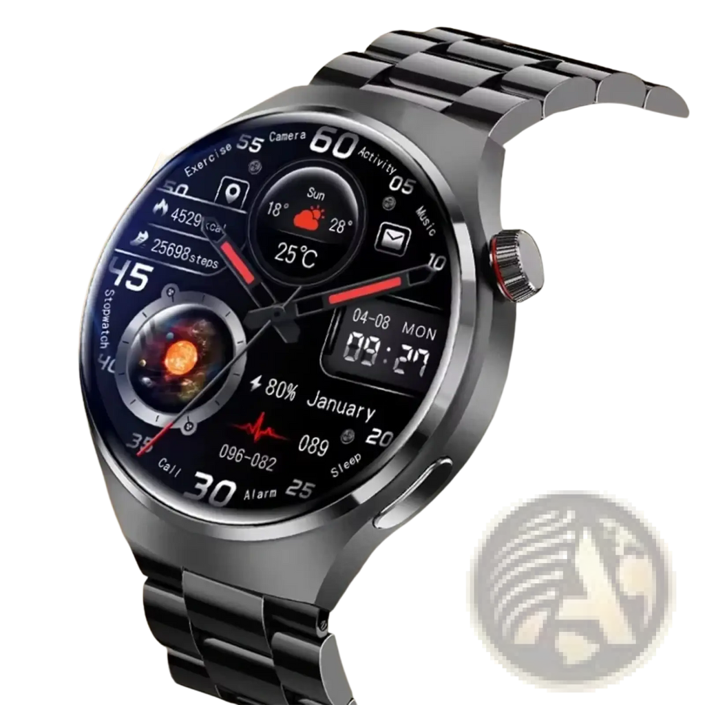 Black stainless steel Laxasfit men’s Bluetooth calling smartwatch displaying fitness and notification icons on screen