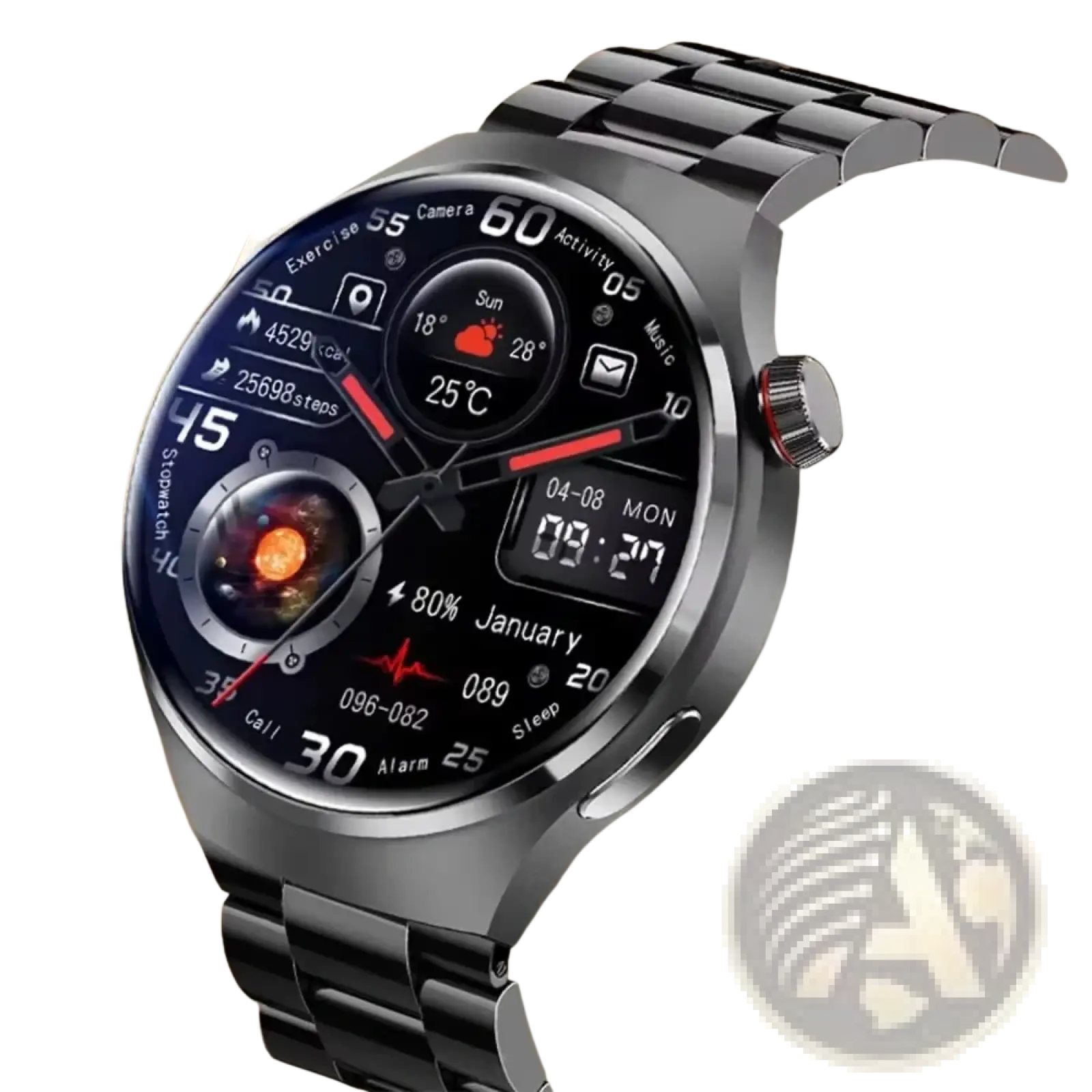 Black stainless steel Laxasfit men’s Bluetooth calling smartwatch displaying fitness and notification icons on screen