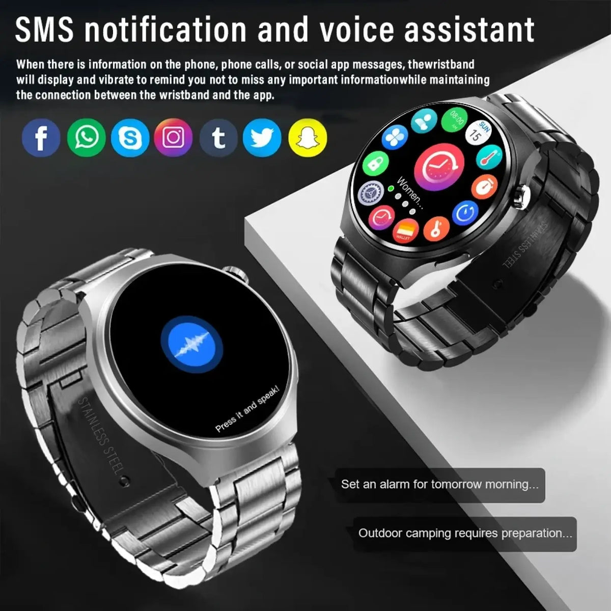 Laxasfit men’s black stainless steel smartwatch with a circular touchscreen displaying app icons and voice assistant features
