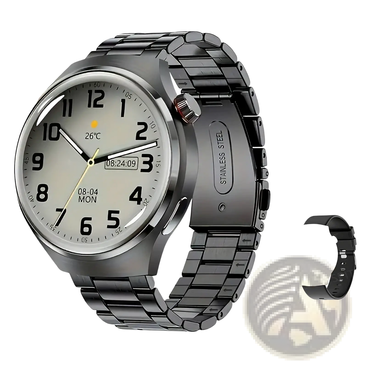 Laxasfit men’s Bluetooth calling smartwatch with black stainless steel case silver-toned dial and black strap