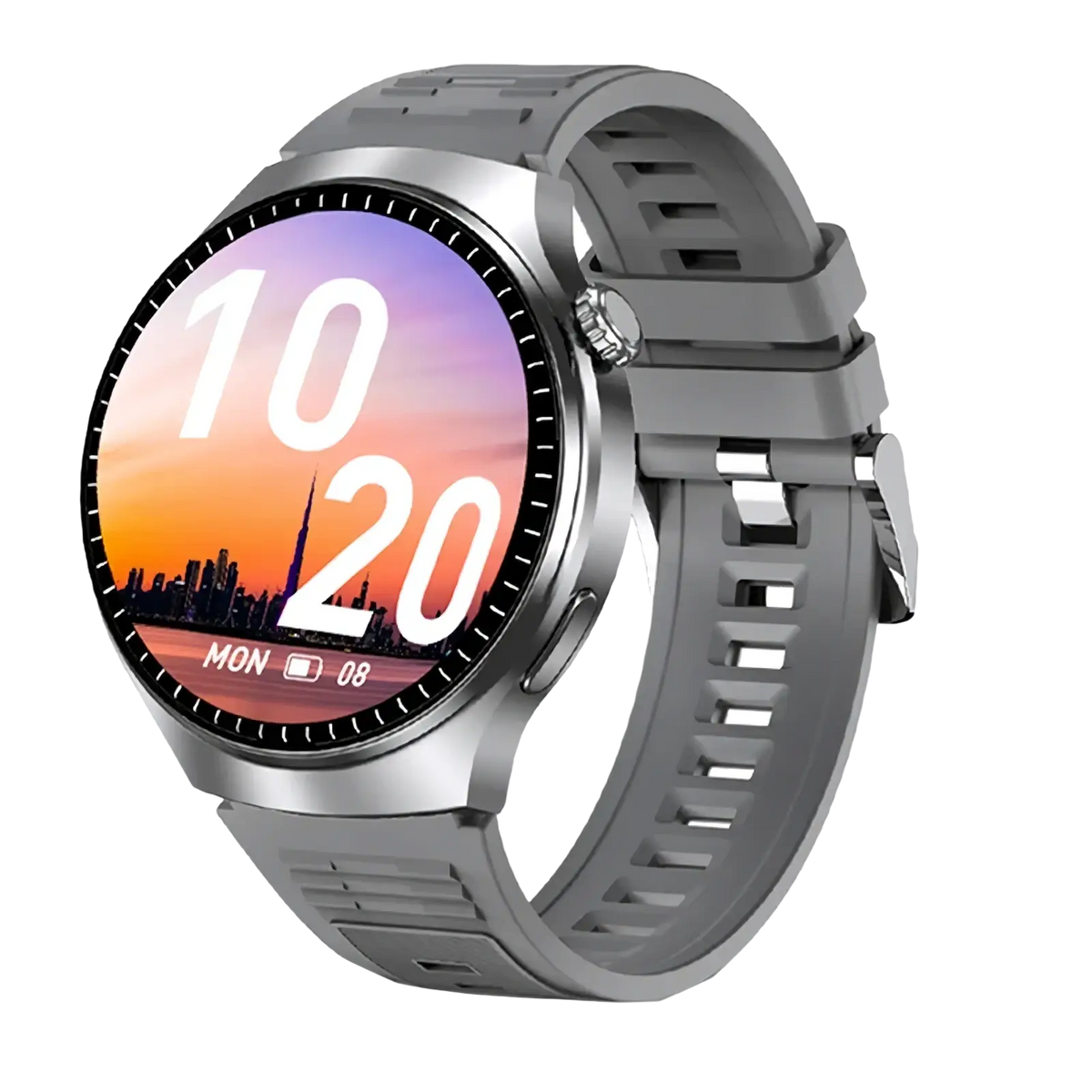 Gray laxasfit men’s bluetooth calling smartwatch with circular touchscreen displaying a sunset cityscape and silver bezel