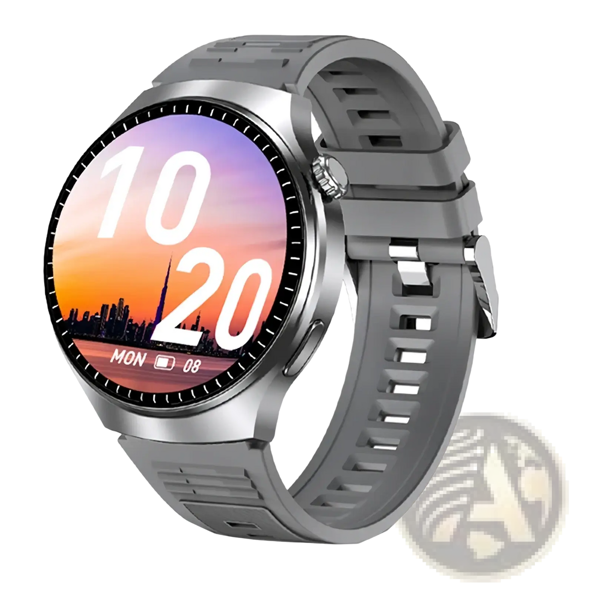 Gray laxasfit men’s bluetooth calling smartwatch with circular touchscreen displaying a sunset cityscape and silver bezel
