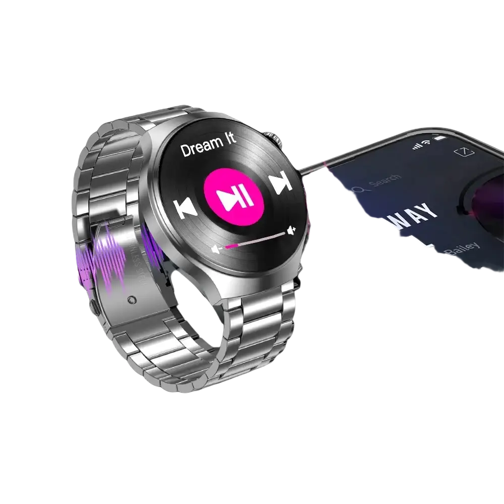 Laxasfit men’s silver metallic smartwatch with circular display showing music playback controls and song dream it by Galway Girl