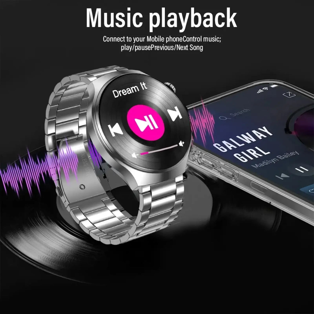 Laxasfit men’s silver metallic smartwatch with circular display showing music playback controls and song dream it by Galway Girl