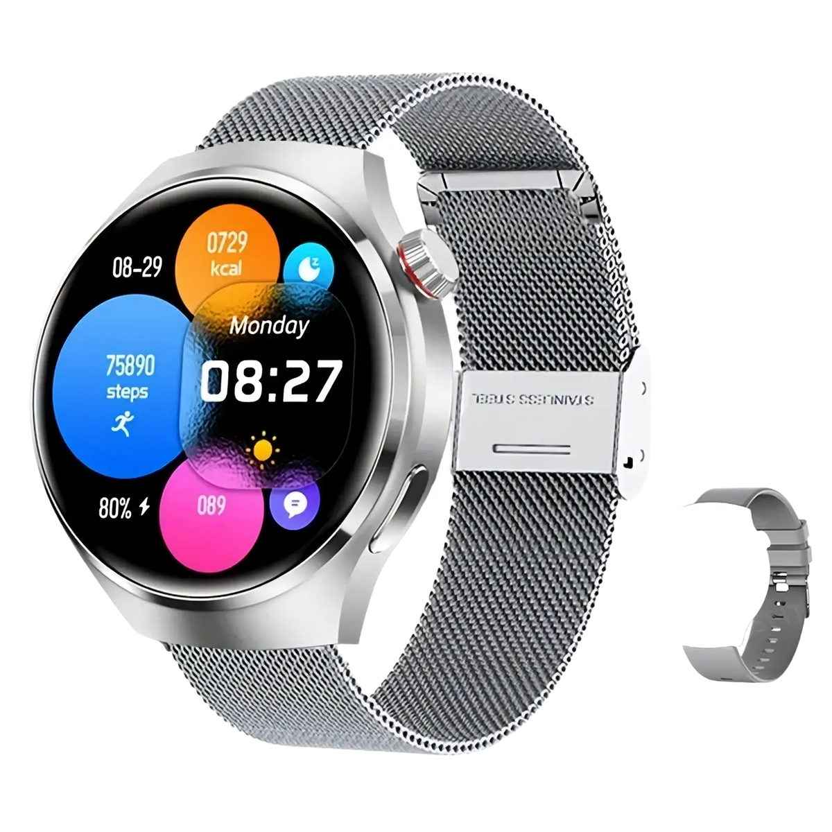 Laxasfit men’s silver smartwatch with bluetooth calling mesh stainless steel band and circular touchscreen display