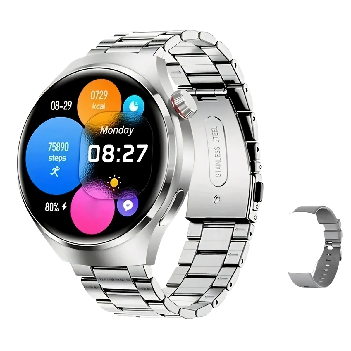 Silver stainless steel laxasfit men’s bluetooth calling smartwatch with sleek design and colorful fitness display