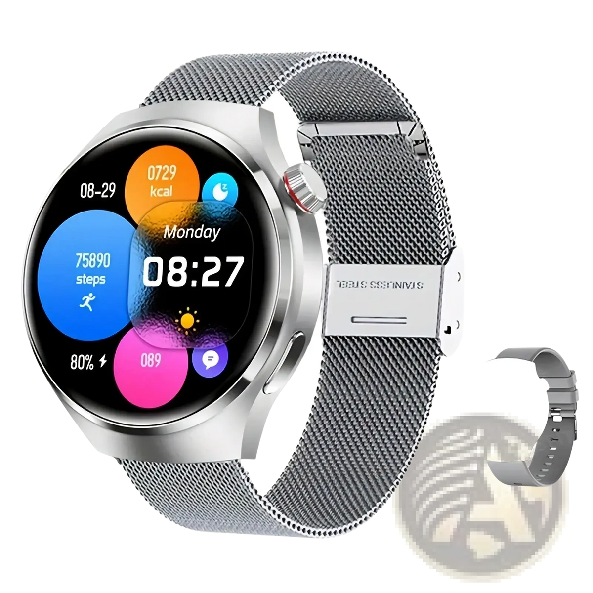 Laxasfit men’s silver smartwatch with bluetooth calling mesh stainless steel band and circular touchscreen display