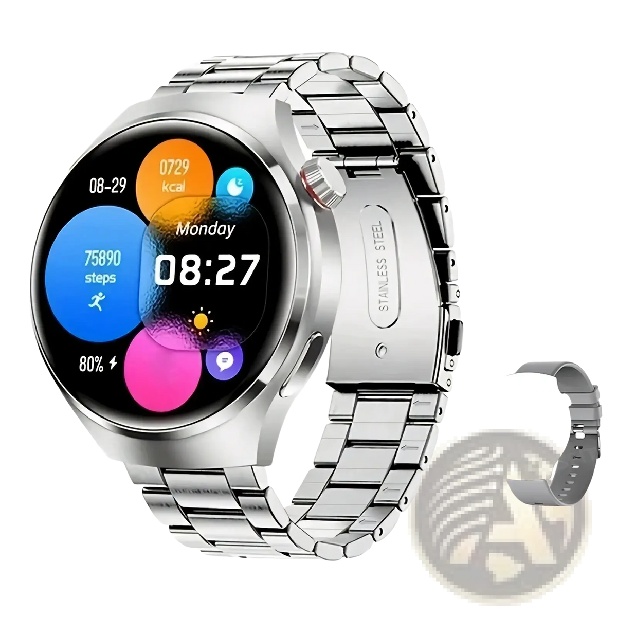 Silver stainless steel laxasfit men’s bluetooth calling smartwatch with sleek design and colorful fitness display