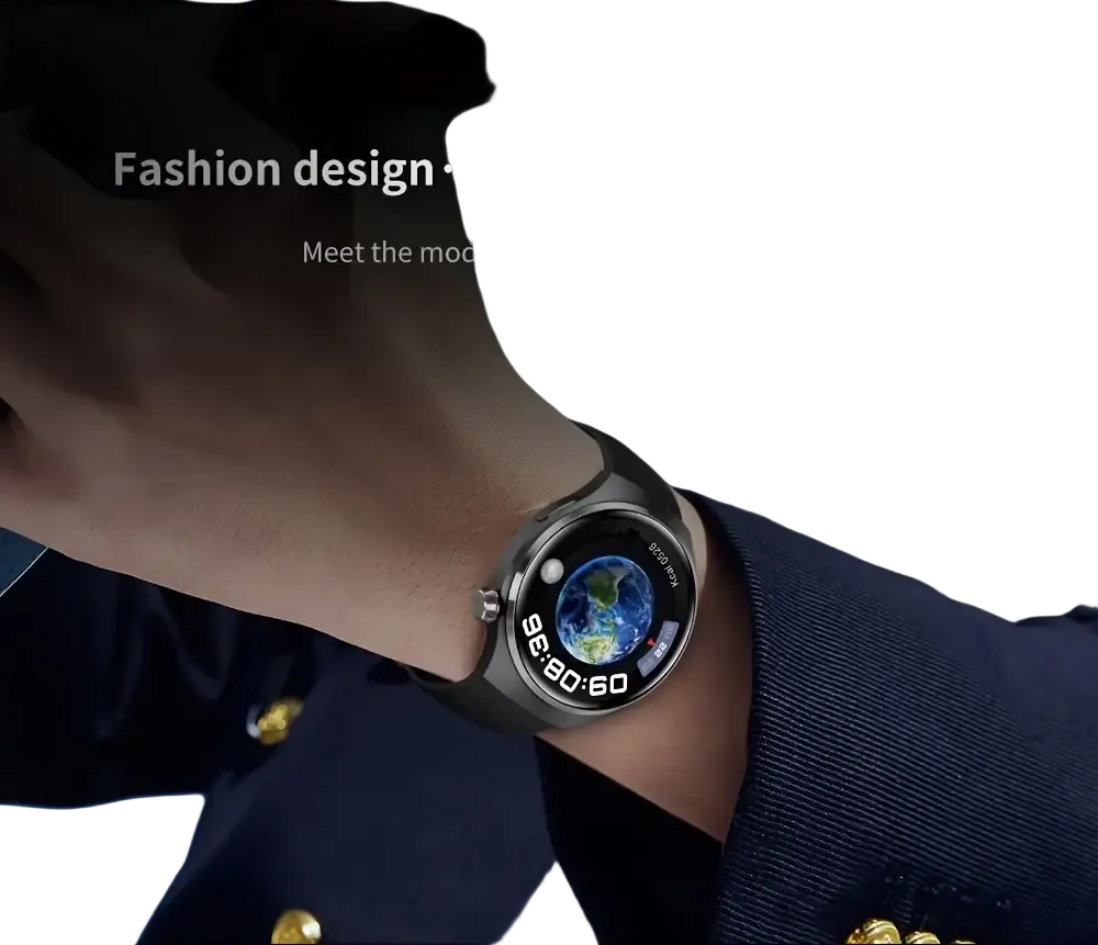 A sleek black laxasfit men’s bluetooth calling smartwatch with circular digital globe display worn on a wrist
