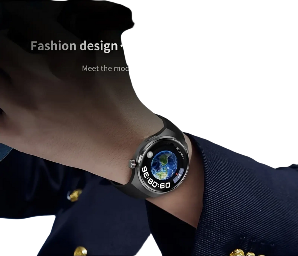 A sleek black laxasfit men’s bluetooth calling smartwatch with circular digital globe display worn on a wrist